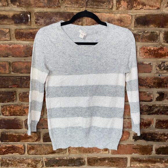 J. Crew Gray White Sparkle Stripe Merino Wool Pullover Sweater Women's Size XXS - Picture 1 of 8